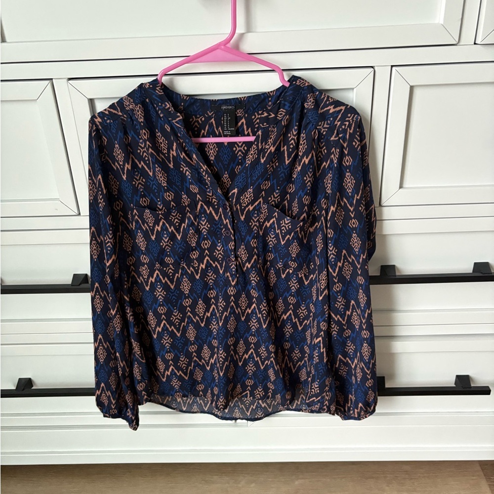 Forever 21 Blue and Brown Geometric Blouse